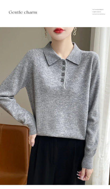 Polo Neck Pullover 100% Merino Wool Women's Solid Color Knit Top Fashion Korean Sweater Autumn and Winter Women's Clothes