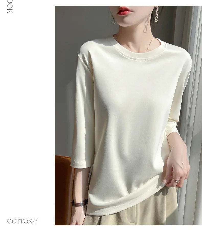 Mercerized Cotton Cropped Sleeve Female Spring And Summer 2023 New Round Neck Loose 100% Cotton Short Sleeve Bottoming T-Shirt