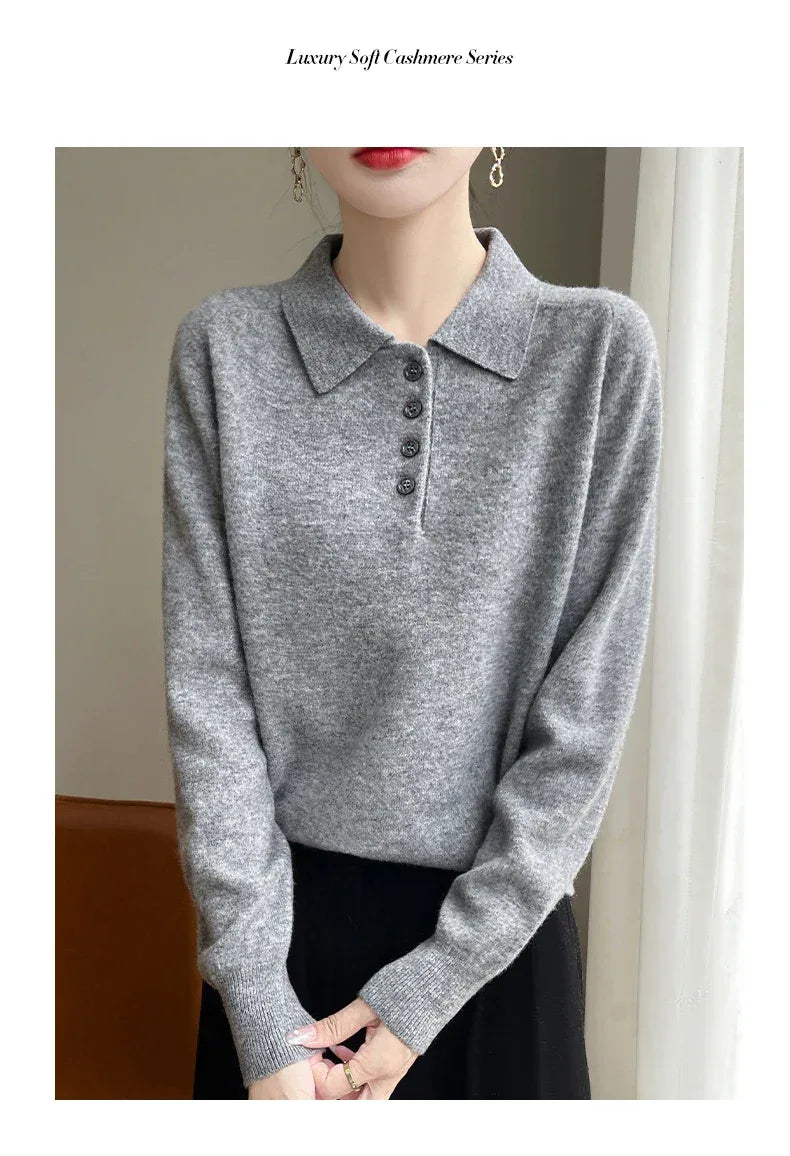 Polo Neck Pullover 100% Merino Wool Women's Solid Color Knit Top Fashion Korean Sweater Autumn and Winter Women's Clothes