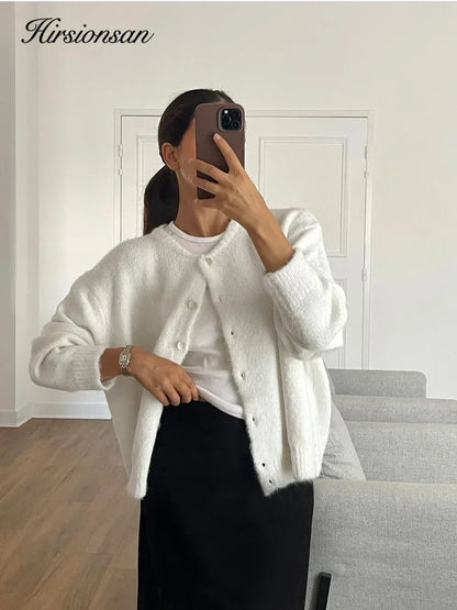 Hirsionsan Elegant Long Sleeve Sweater Women 2024 New Single-Breasted Female Casual Cardigan Soft Cashmere Knitted Outwear