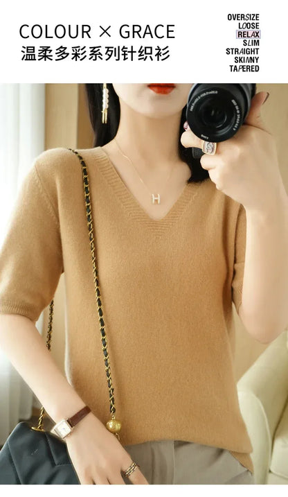 Spring/Summer 2025 Ladies Sweater Pullover Solid Color V-neck Half-sleeved Knitted Cashmere Sweater Thin Casual Top