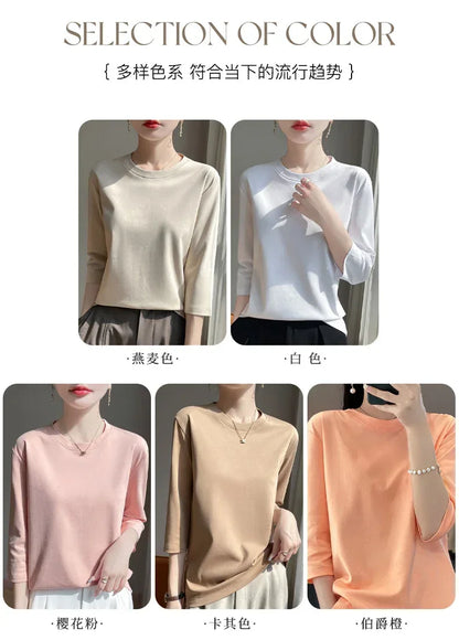 Mercerized Cotton Cropped Sleeve Female Spring And Summer 2023 New Round Neck Loose 100% Cotton Short Sleeve Bottoming T-Shirt