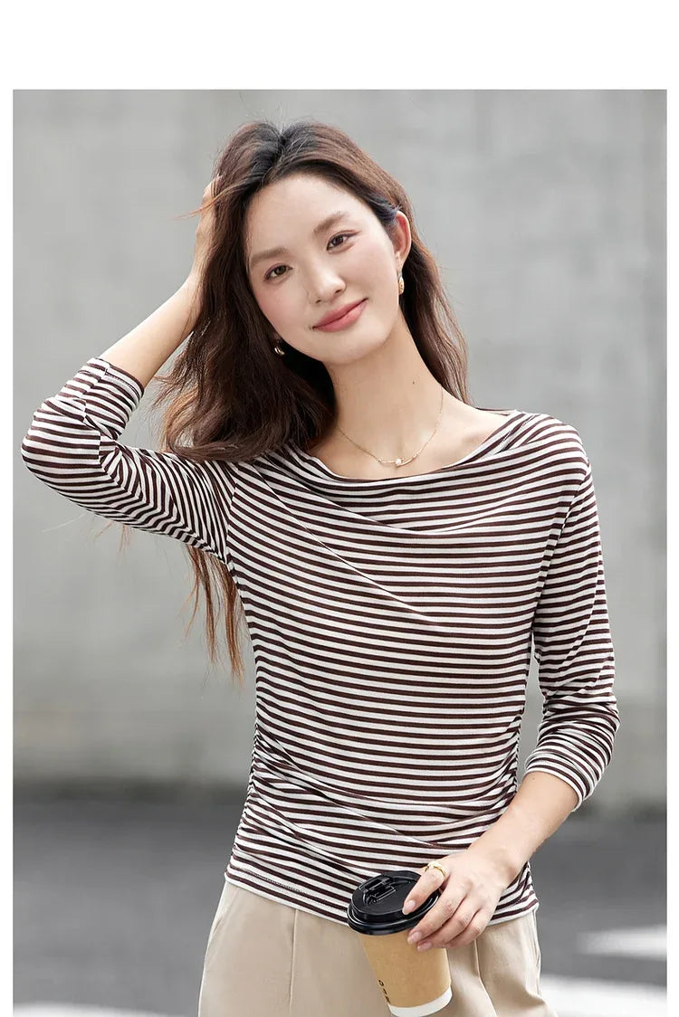 VIMLY Tops Woman 2025 Autumn French Slash Neck Long Sleeve Ladies T-shirts Casual Knitted Slim Fit Strecth Female Tees A3039