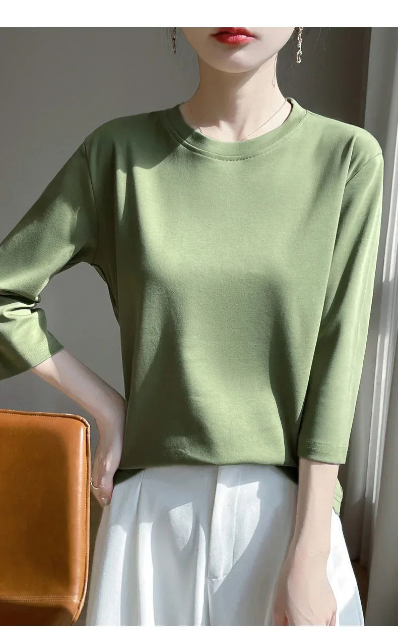 Mercerized Cotton Cropped Sleeve Female Spring And Summer 2023 New Round Neck Loose 100% Cotton Short Sleeve Bottoming T-Shirt