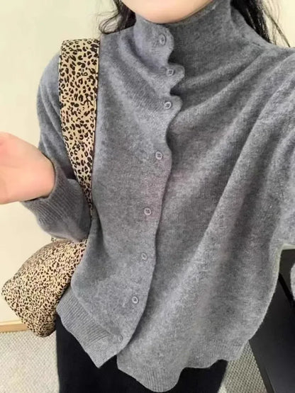 French-style high-neck 100 pure cashmere knitted cardigan for women's autumn and winter loose sweater with wool base coat