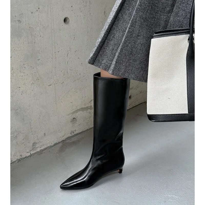 QUTAA News Fashion Winter Women Knee High Boots Pointed Toe Woman Shoes Low Kitten Heels Cow Leather Long Boots Dress Size 34-43