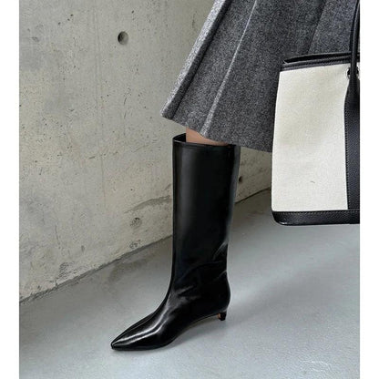 QUTAA News Fashion Winter Women Knee High Boots Pointed Toe Woman Shoes Low Kitten Heels Cow Leather Long Boots Dress Size 34-43