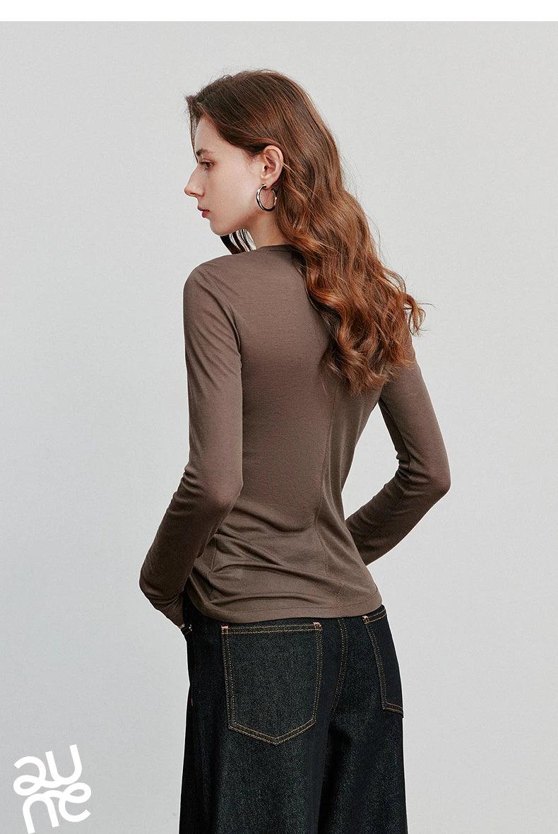 TOYOUTH Women T-shirt  2025 Autumn New Slanted Hem Lyocell Wool Slim Fit Long Sleeve Base Tops