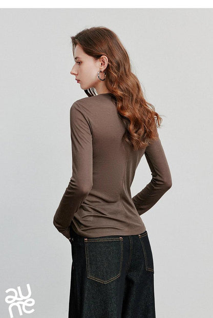 TOYOUTH Women T-shirt  2025 Autumn New Slanted Hem Lyocell Wool Slim Fit Long Sleeve Base Tops