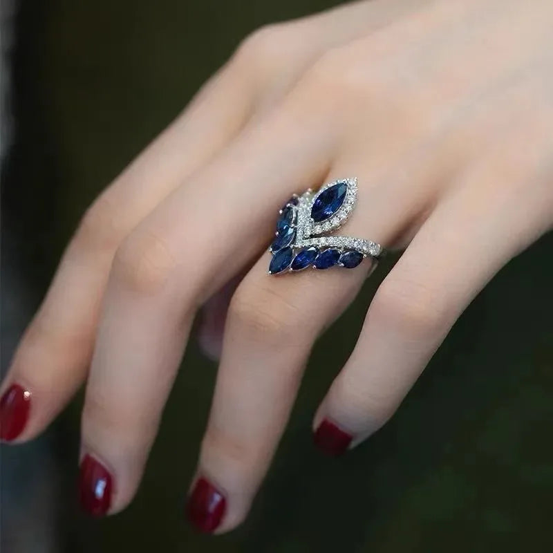 Premium and exquisite crown shaped design water droplet sapphire rings for women luxurious wedding silver 925 blue ring jewelry