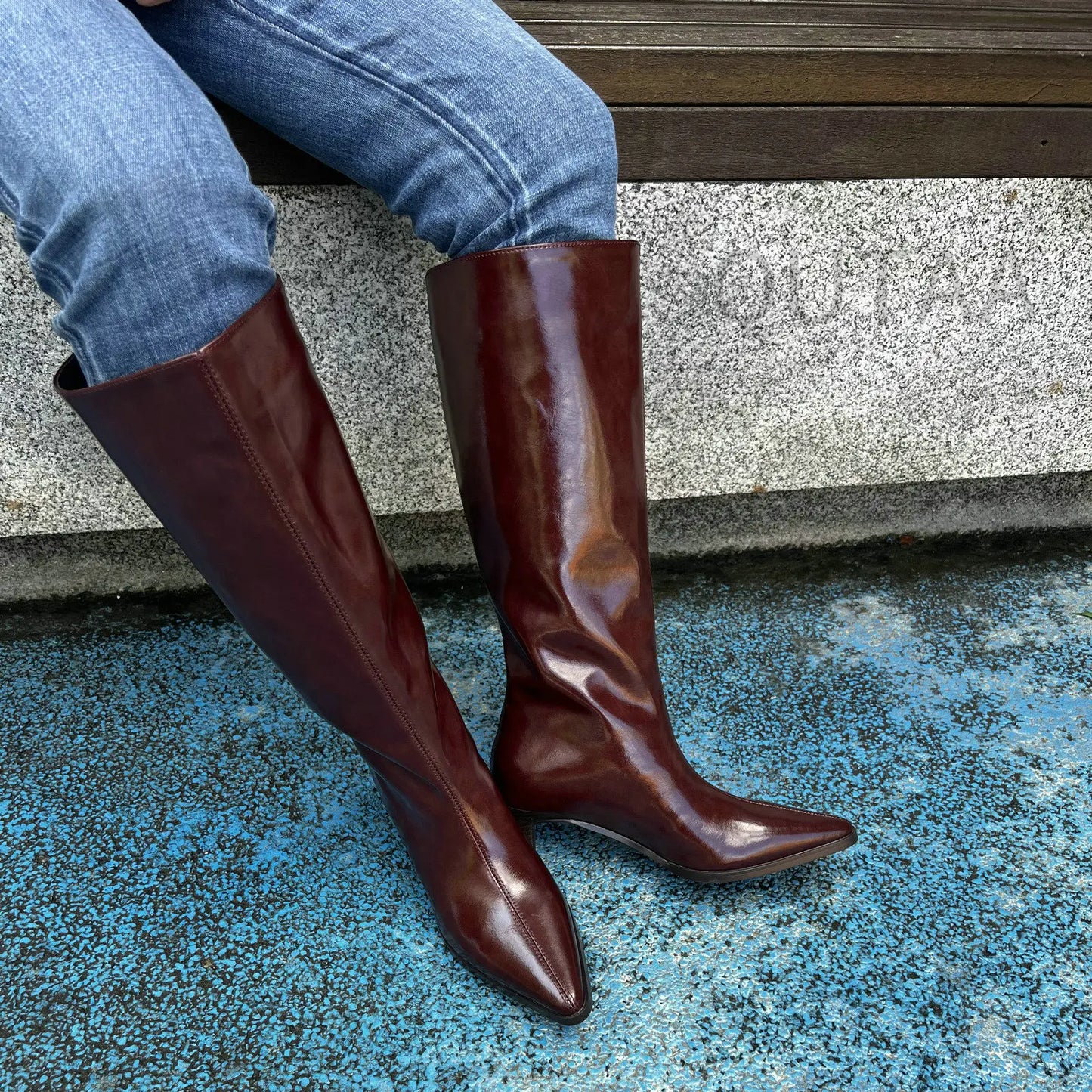 QUTAA Fashion Winter Women Knee High Boots Cow Suede Autumn Shoes Pointed Toe Buckles Chunky High Heels Motorcycle Boots 34-43