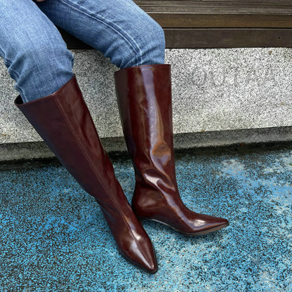 QUTAA Fashion Winter Women Knee High Boots Cow Suede Autumn Shoes Pointed Toe Buckles Chunky High Heels Motorcycle Boots 34-43