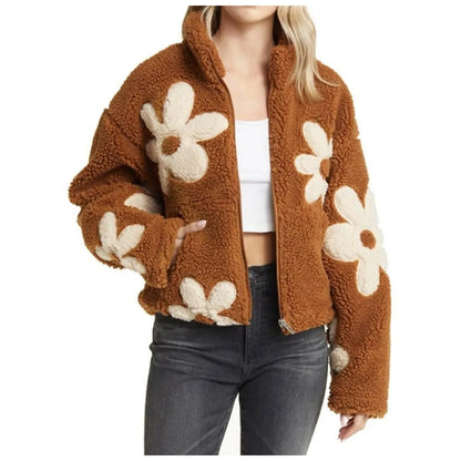 Womens Floral Fleece Jackets Winter Zipper Cropped Coat Casual Long Sleeve Outwear With Pockets Cute Plush Jacket For Women