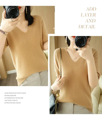 Spring/Summer 2025 Ladies Sweater Pullover Solid Color V-neck Half-sleeved Knitted Cashmere Sweater Thin Casual Top