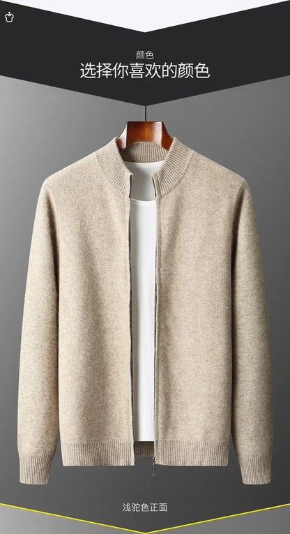 100% Merino Wool Men's Warm Sweater Mock Collar Thickened Zippered Cardigan Autumn Winter New Cashmere Knitted Long Sleeve Tops