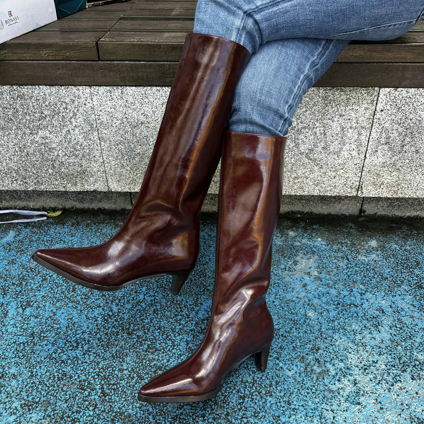 QUTAA Fashion Winter Women Knee High Boots Cow Suede Autumn Shoes Pointed Toe Buckles Chunky High Heels Motorcycle Boots 34-43