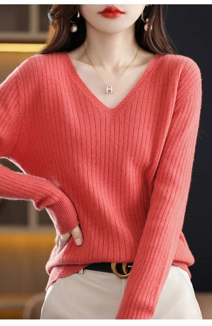 Chic Casual Autumn Winter Basic Sweater Pullovers Women V-neck Solid Knit Loose Pullover Female Long Sleeve Warm Khaki Sweater
