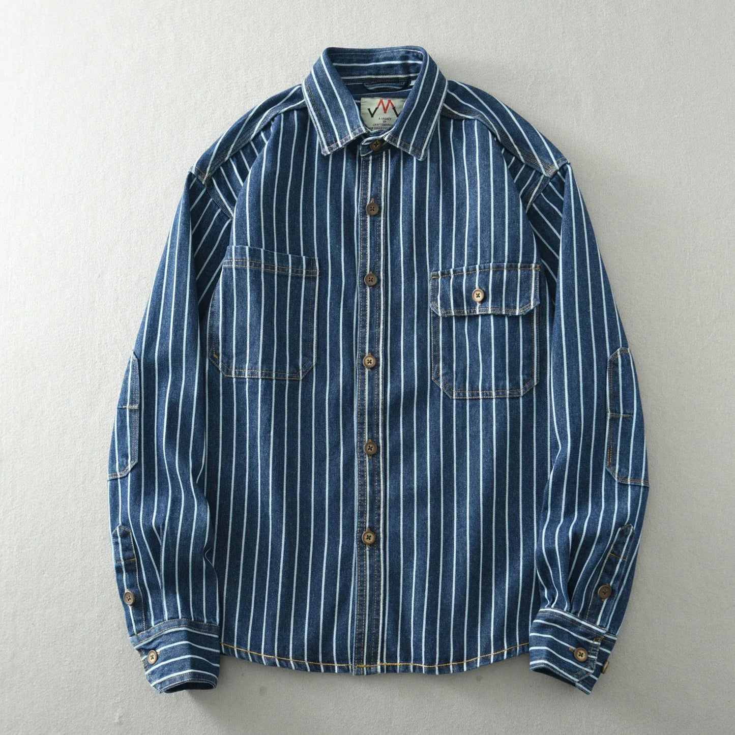 Retro Japanese Sle Men's Denim irt Cotton Long Sve Waed Striped Workwear Loose Fit Outerwear Faion Urban Youth