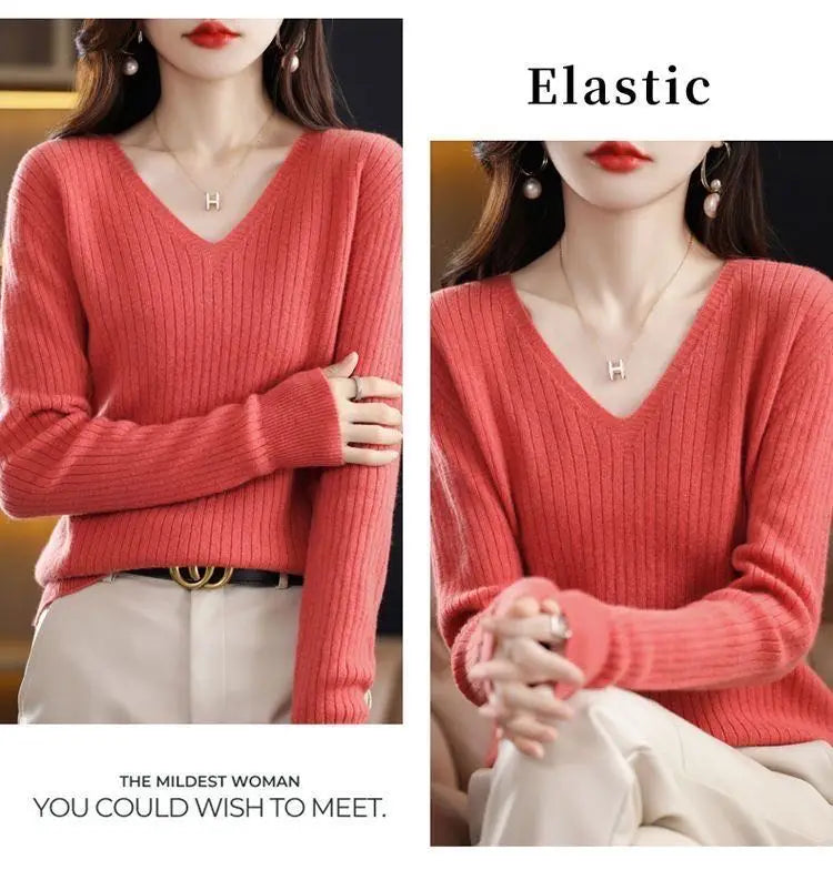 Chic Casual Autumn Winter Basic Sweater Pullovers Women V-neck Solid Knit Loose Pullover Female Long Sleeve Warm Khaki Sweater