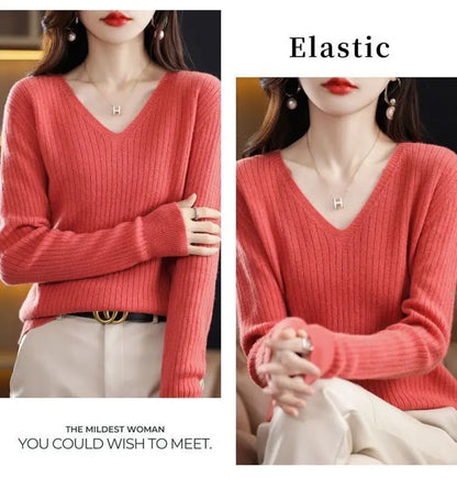Chic Casual Autumn Winter Basic Sweater Pullovers Women V-neck Solid Knit Loose Pullover Female Long Sleeve Warm Khaki Sweater