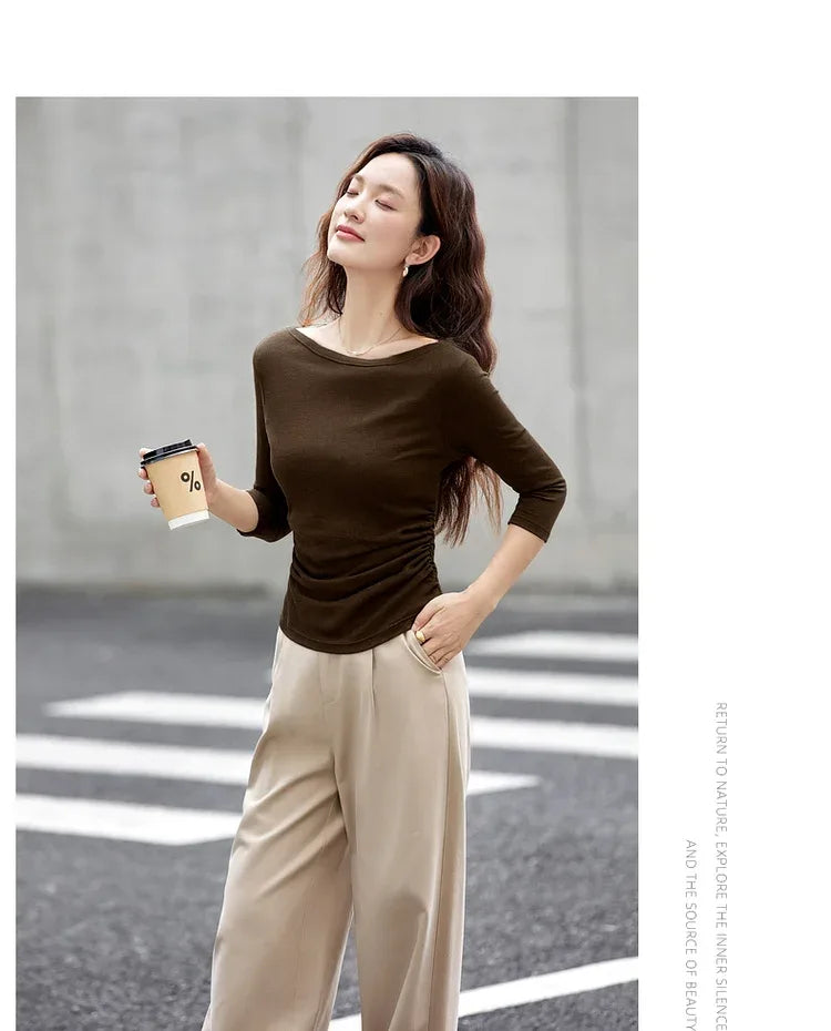 VIMLY Tops Woman 2025 Autumn French Slash Neck Long Sleeve Ladies T-shirts Casual Knitted Slim Fit Strecth Female Tees A3039