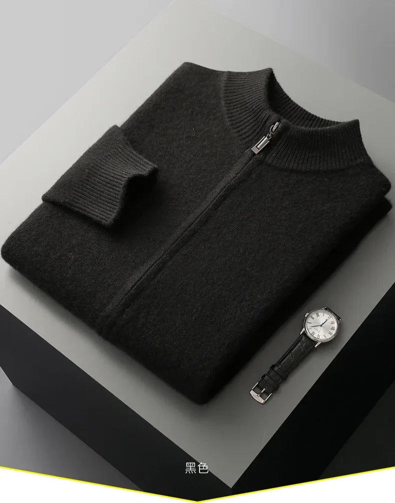 100% Merino Wool Men's Warm Sweater Mock Collar Thickened Zippered Cardigan Autumn Winter New Cashmere Knitted Long Sleeve Tops