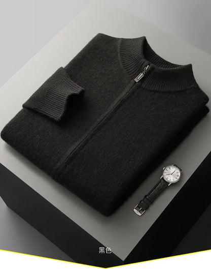 100% Merino Wool Men's Warm Sweater Mock Collar Thickened Zippered Cardigan Autumn Winter New Cashmere Knitted Long Sleeve Tops
