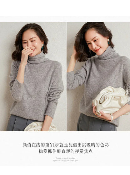 100%Merino Pure Wool Sweater Women's AutumnWinter Long Sleeve High Neck Pullover Warm High Quality Solid Color Basic Knit Jumper