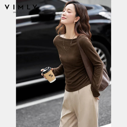 VIMLY Tops Woman 2025 Autumn French Slash Neck Long Sleeve Ladies T-shirts Casual Knitted Slim Fit Strecth Female Tees A3039