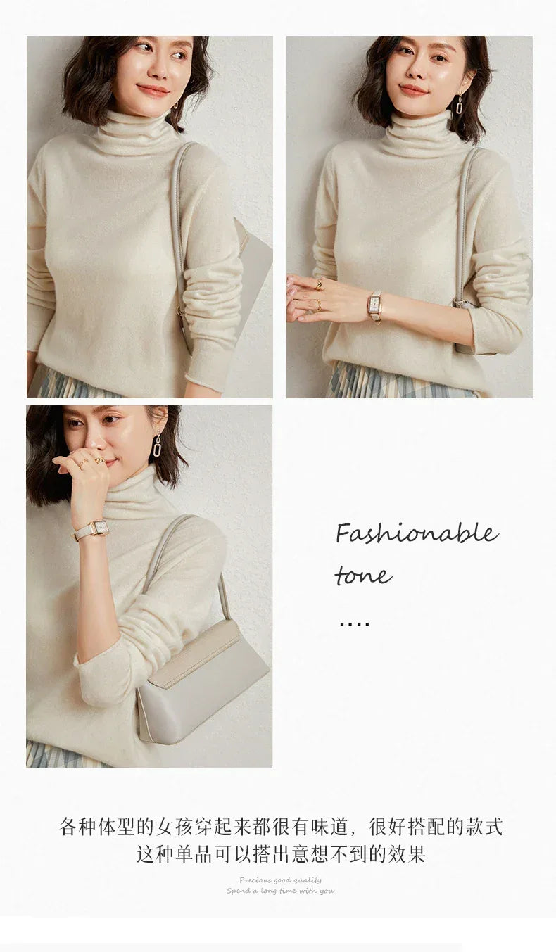 100%Merino Pure Wool Sweater Women's AutumnWinter Long Sleeve High Neck Pullover Warm High Quality Solid Color Basic Knit Jumper