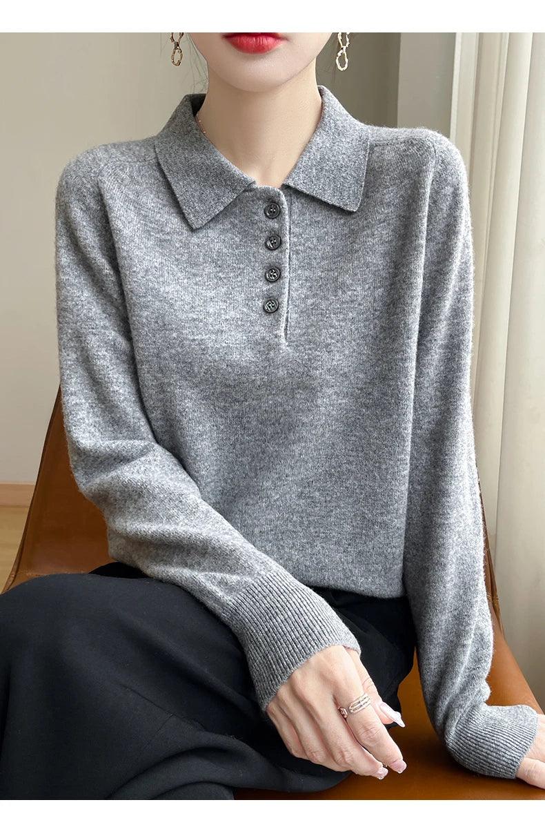 Polo Neck Pullover 100% Merino Wool Women's Solid Color Knit Top Fashion Korean Sweater Autumn and Winter Women's Clothes
