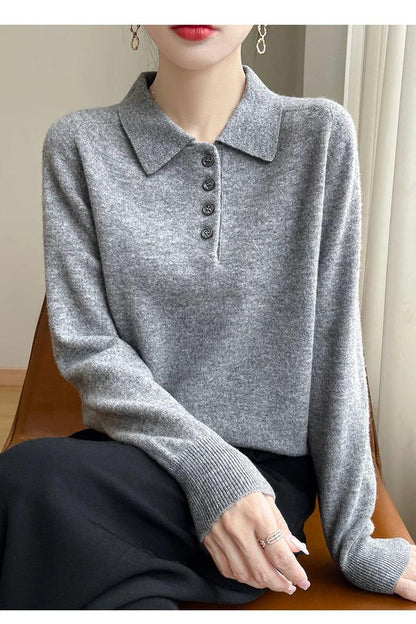 Polo Neck Pullover 100% Merino Wool Women's Solid Color Knit Top Fashion Korean Sweater Autumn and Winter Women's Clothes