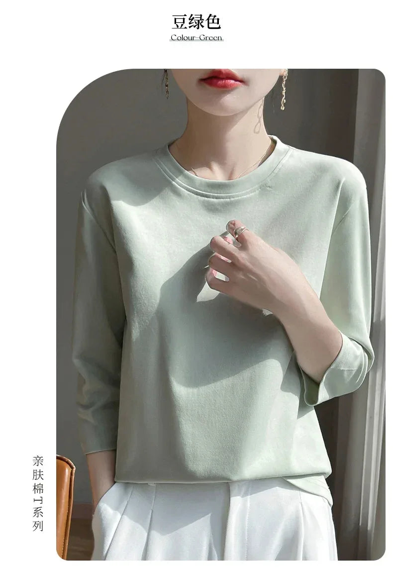 Mercerized Cotton Cropped Sleeve Female Spring And Summer 2023 New Round Neck Loose 100% Cotton Short Sleeve Bottoming T-Shirt