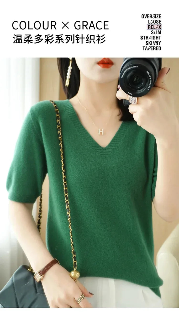 Spring/Summer 2025 Ladies Sweater Pullover Solid Color V-neck Half-sleeved Knitted Cashmere Sweater Thin Casual Top
