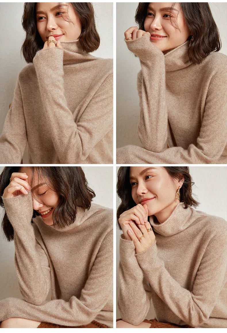 100%Merino Pure Wool Sweater Women's AutumnWinter Long Sleeve High Neck Pullover Warm High Quality Solid Color Basic Knit Jumper