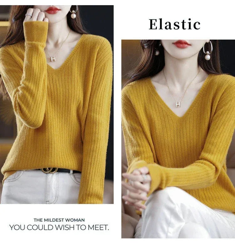Chic Casual Autumn Winter Basic Sweater Pullovers Women V-neck Solid Knit Loose Pullover Female Long Sleeve Warm Khaki Sweater