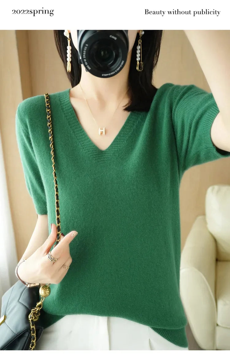 Spring/Summer 2025 Ladies Sweater Pullover Solid Color V-neck Half-sleeved Knitted Cashmere Sweater Thin Casual Top