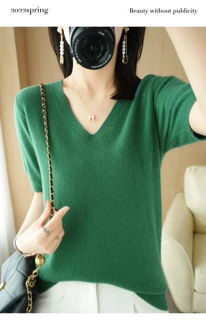 Spring/Summer 2025 Ladies Sweater Pullover Solid Color V-neck Half-sleeved Knitted Cashmere Sweater Thin Casual Top