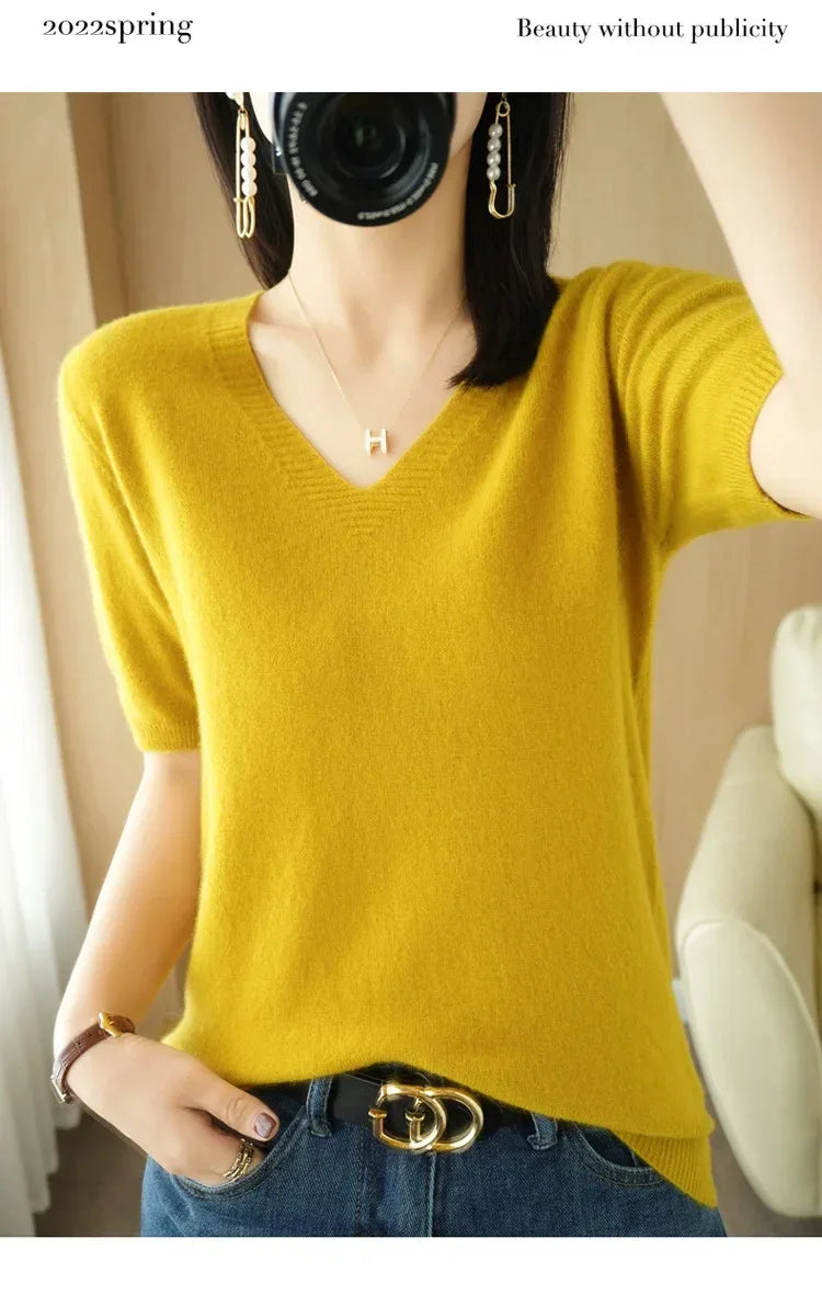 Spring/Summer 2025 Ladies Sweater Pullover Solid Color V-neck Half-sleeved Knitted Cashmere Sweater Thin Casual Top