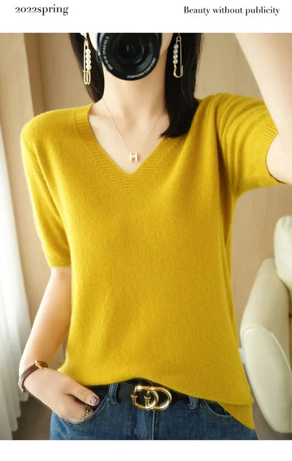 Spring/Summer 2025 Ladies Sweater Pullover Solid Color V-neck Half-sleeved Knitted Cashmere Sweater Thin Casual Top