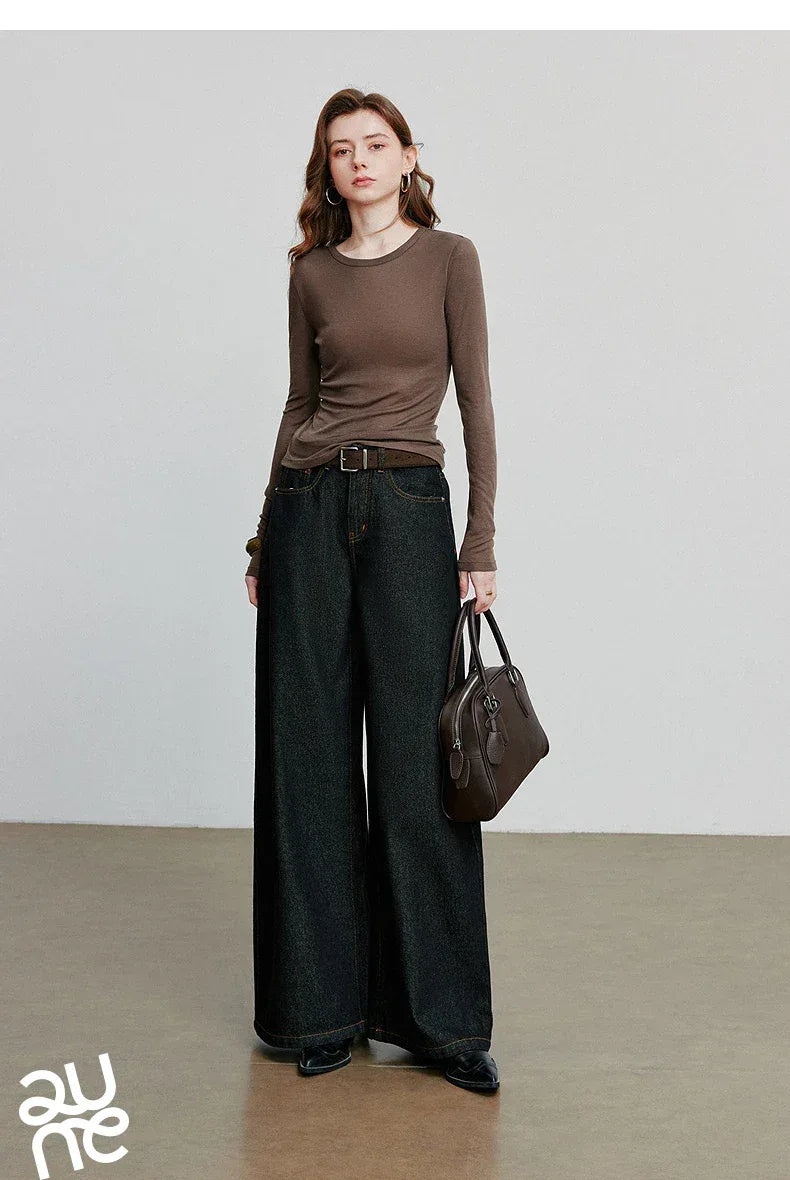 TOYOUTH Women T-shirt  2025 Autumn New Slanted Hem Lyocell Wool Slim Fit Long Sleeve Base Tops