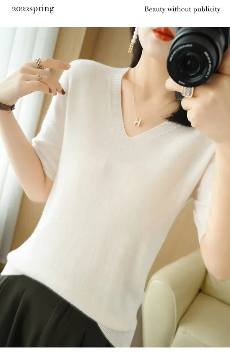 Spring/Summer 2025 Ladies Sweater Pullover Solid Color V-neck Half-sleeved Knitted Cashmere Sweater Thin Casual Top