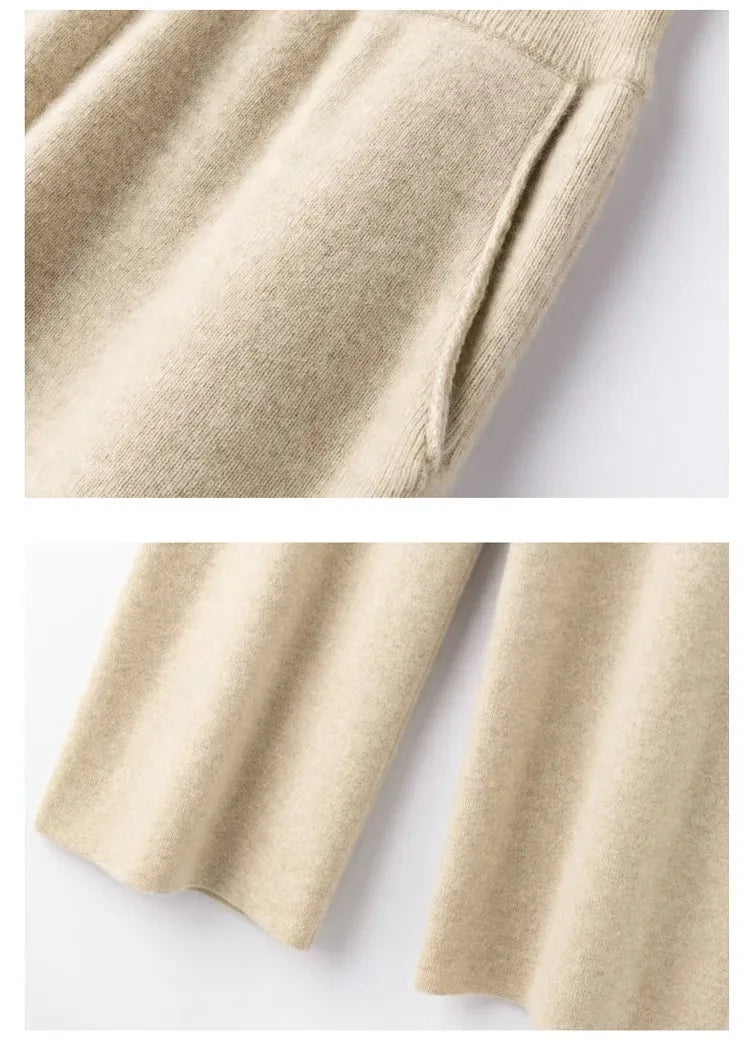 Elegant Pure High Waist Drooping Wide-Leg Pants Women's Outer Wear with Pockets Baggy Straight Trousers Knitted Mop Trousers
