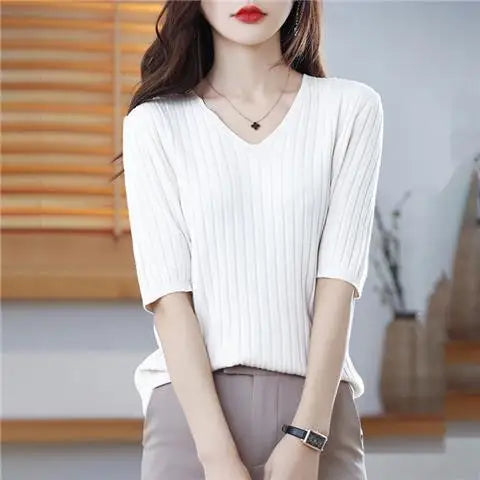 2025 New Spring Summer New Women's V-neck Short-Sleeved Exquisite Cashmere Knitted Sweater Pullover Solid Color