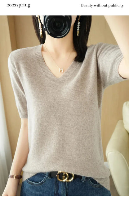 Spring/Summer 2025 Ladies Sweater Pullover Solid Color V-neck Half-sleeved Knitted Cashmere Sweater Thin Casual Top