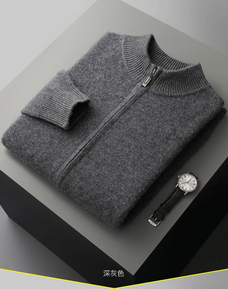 100% Merino Wool Men's Warm Sweater Mock Collar Thickened Zippered Cardigan Autumn Winter New Cashmere Knitted Long Sleeve Tops