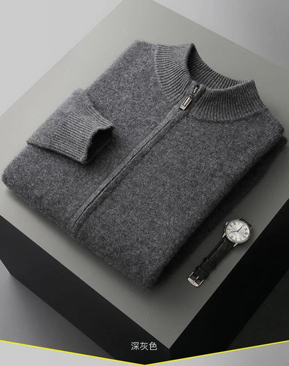 100% Merino Wool Men's Warm Sweater Mock Collar Thickened Zippered Cardigan Autumn Winter New Cashmere Knitted Long Sleeve Tops