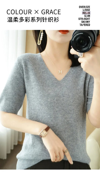 Spring/Summer 2025 Ladies Sweater Pullover Solid Color V-neck Half-sleeved Knitted Cashmere Sweater Thin Casual Top