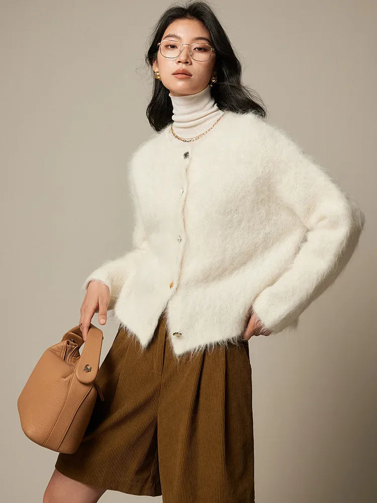SuyaDream, Women Cardigans, 78%Alpaca, O Neck, Single breasted Solid Sweaters, 2025 Fall Winter Warm Jackets, White, Grey, Pink