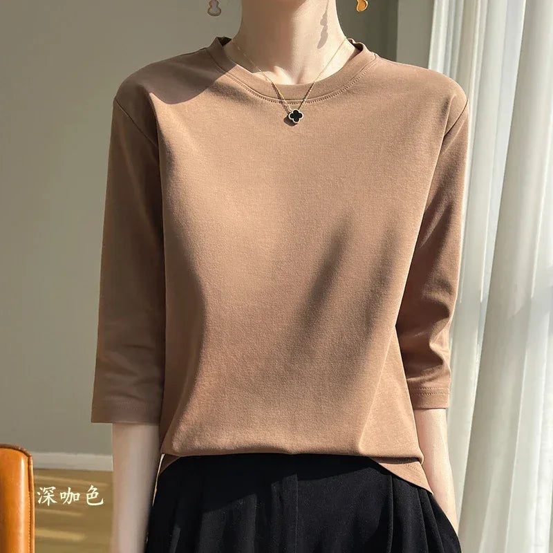 Mercerized Cotton Cropped Sleeve Female Spring And Summer 2023 New Round Neck Loose 100% Cotton Short Sleeve Bottoming T-Shirt